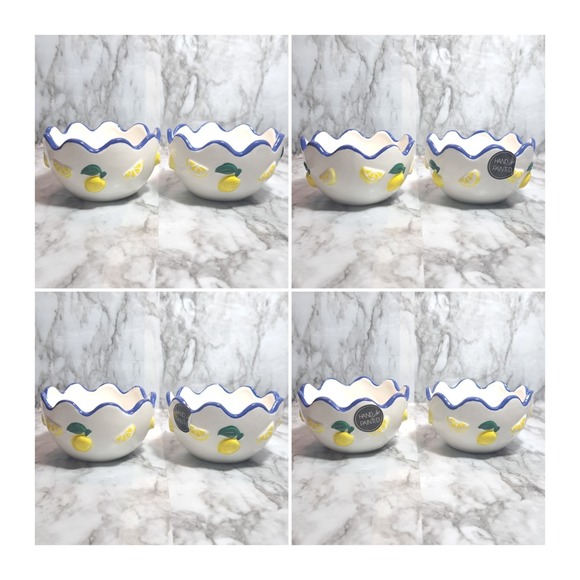 Luna & Sage Set of 2 Lemon Theme Bowls With Blue Scallop Rim Kitchen Dinnerware - Picture 6 of 10